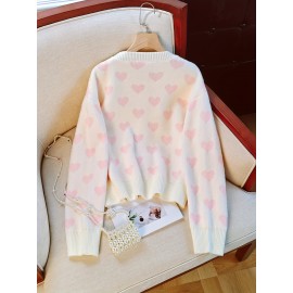 Women'S Pink Heart Sweater - Soft & Cozy Long Sleeve Pullover with Round Neck, Elegant Casual to Formal Wear, All-Season Comfort, Casual Wear Sweater | Round Neck Sweater | Soft Texture