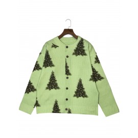 [Christmas Tree Print Cardigan] Women's Elegant 3D Christmas Tree Print Cardigan Sweater - Lime Green with Brown Button Closure, All-Over Festive Pattern, Round Neck & Button Front, Cozy for Holiday Parties & Winter Outfits (Hand Washable)