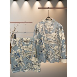 Women's 3D All Over Printed Knitwear Set High Neck Long Sleeve Sweater and Skirt Mid Weight Autumn Winter Outfit Vintage Botanical Pattern Casual Elegant Warm and Comfortable