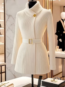 Elegant High-Neck Cardigan for Women - Chic Long Sleeve Sweater with Belt, Button-Up Front, and Golden-Tone Hardware, Perfect for Fall/Winter Fashion, Autumn Winter Wear | Belted Cardigan | Construction, Sweater Cardigan