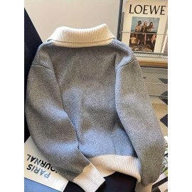 Women's Elegant Collar Zip-Up Sweater - Soft Long Sleeve Letter Detail Pullover, Cozy Fall Winter Machine Washable Casual Chic Tops, Cute Sweaters, Autumn Apparel, Subtle Color Contrast