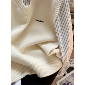 Women's Elegant Collar Sweater - Two-in-One Mock Layering Design, All-Season Office & Formal Events Sweater in Grey & Blue Horizontal Stripes, Non-Transparent Sweater for Women, Ladies Sweaters, Comfortable Fit