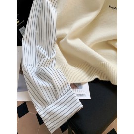 Women's Elegant Collar Sweater - Two-in-One Mock Layering Design, All-Season Office & Formal Events Sweater in Grey & Blue Horizontal Stripes, Non-Transparent Sweater for Women, Ladies Sweaters, Comfortable Fit