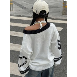 Women'S Elegant V-Neck Sweater with Heart Print - Casual Off-Shoulder Pullover, Black & White, Long Sleeve, Ribbed, Perfect for Office, College, or Casual Attire, Casual Attire Sweater | Offshoulder Fashion | Ribbed Texture