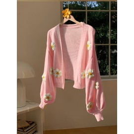 [Floral Cardigan for Women] Floral Pattern Women's Beige Cardigan - Long Sleeve Sweater with Round Neck for Spring/Fall Layering | Everyday & Formal Outfits, Lightweight Fabric, Textured Knitwear, Durable Knitwear, Office Wear, Fall Wardrobe