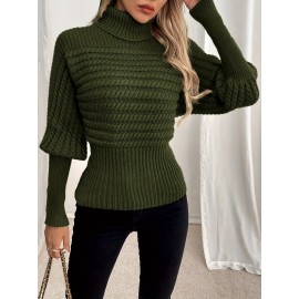 Women's High-Neck Ribbed Sweater - Olive Green Stretchy Long Sleeve Pullover, Loose Fit Textured Winter Top for Fall & Winter, Elegant Casual Chic Wardrobe Essential, Comfortable Fashion, Highneck Pullover, Soft Comfort