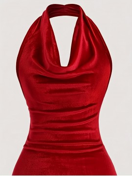 [Red Off-Shoulder Dress] Red Stretchy Off-Shoulder Mermaid Dress | Women's Elegant Bodycon Halter Neck | Polyester-Spandex Blend, Machine Washable Summer Party & Casual Outing Dress