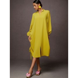 Women's Elegant Mustard-Yellow Loose-Fit Shirt Dress with Stand-Up Collar & Lantern Sleeves - Adjustable Drawstring Waist, Long Sleeves, Machine Washable, Spring/Summer/Fall Casual to Semi-Formal Wear, Flowy Fabric Gown