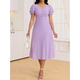 [Elegant Dress] Stretchy Elegant Women's V-Neck Short Sleeve Dress | A-Line Mid-Length Machine Washable with Ruffled Bell Sleeves & Button Detail for All-Season Versatile Wear
