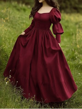 Women'S Elegant Burgundy A-Line Maxi Dress with Puffed Sleeve & Square Neck - Solid Color Floor-Length Formal & Semi-Formal Evening Gown, Machine Washable For Spring Summer Fall Events, Dresses For Wedding Guest, Seasonal Fashion, Sophisticated Styl