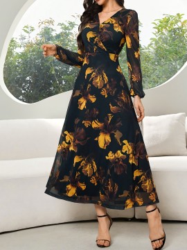 Print Women'S Long Sleeve Slim Fit Dress with Cross Neckline & Lantern Sleeves - A-Line Silhouette, Black & Golden Floral Print, All-Season Versatile Wear, Elegant Event Attire | Aline Silhouette | Sophisticated Style