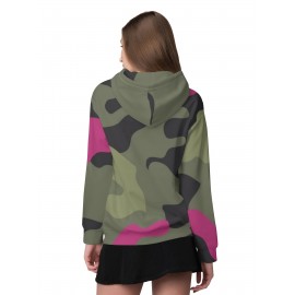 Women's Full-Body Pink & Green Camo Sweatshirt - Long Sleeve Hoodie with Drawstring Hood, Stretchy Polyester Pullover for Casual Streetwear, Everyday Outfits - Machine Washable Women's Clothing, Spring Autumn Apparel, Comfortable Fit