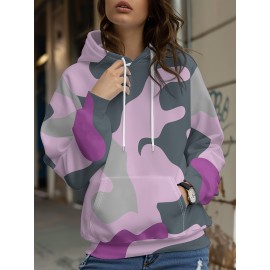 Women's Full-Body Pink & Green Camo Sweatshirt - Long Sleeve Hoodie with Drawstring Hood, Stretchy Polyester Pullover for Casual Streetwear, Everyday Outfits - Machine Washable Women's Clothing, Spring Autumn Apparel, Comfortable Fit