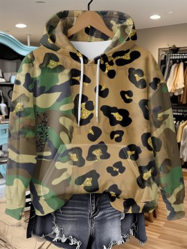 Women'S Camo Leopard Print Hoodie - Stylish Long Sleeve Pullover with Drawstring, 3D Digital Print, Stretchy Polyester, Casual Fit, Green & Black Design, Casual Wear Hoodie | Trendy Casual Style | Drawstring Hoodie