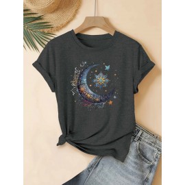 Women's Casual Short Sleeve Crew Neck T-Shirt - Vibrant Sun Moon Stars Paisley Print, Breathable Regular Fit Top for Spring Summer Fall, Machine Washable, Seasonal Fashion, Artistic Celestial Design, Comfortable Fabric