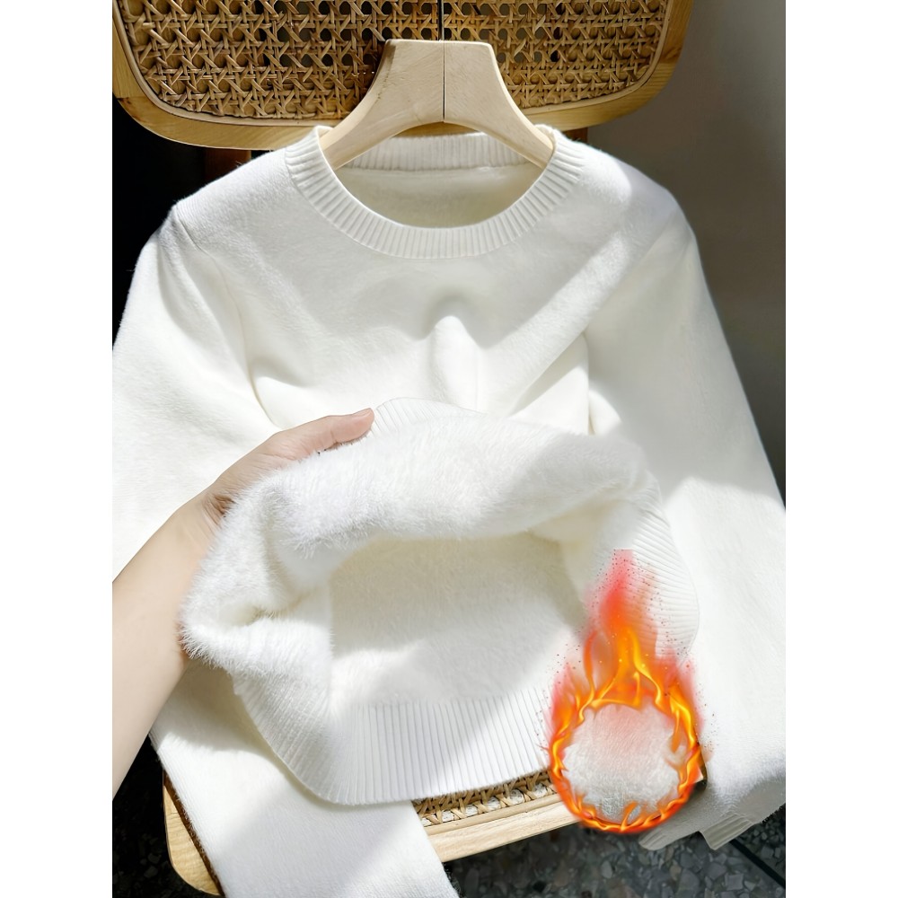 [Soft Thermal Sweater] Soft & Comfortable Women's Thermal Round-Neck Loose Fit Long Sleeve Sweater | All-Season Casual Top, Solid Color, Easy Care Hand Wash/Dry Clean, Medium Stretch, Clean Design