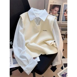 Women's Elegant Collar Sweater - Two-in-One Mock Layering Design, All-Season Office & Formal Events Sweater in Grey & Blue Horizontal Stripes, Non-Transparent Sweater for Women, Ladies Sweaters, Comfortable Fit