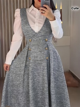 Elegant Women'S Dress - Deep V-Neck, Sleeveless A-Line with Button Detail, Fitted Silhouette, Gray Plaid Pattern, Perfect for Fall/Winter, Adult Fashion, Elegant Attire | Sleeveless Fashion | Construction, Cute Dresses