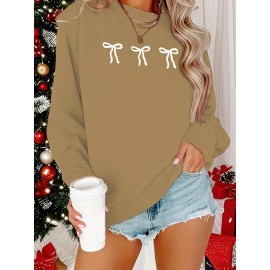 [Cozy Plus Size Sweatshirt] Polyester Plus Size Women's White Bow Print Sweatshirt - Cozy, Comfortable, Machine Washable Fall & Winter Pullover with Digital Butterfly Design