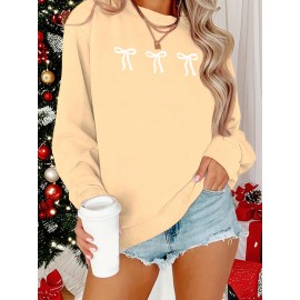 [Cozy Plus Size Sweatshirt] Polyester Plus Size Women's White Bow Print Sweatshirt - Cozy, Comfortable, Machine Washable Fall & Winter Pullover with Digital Butterfly Design