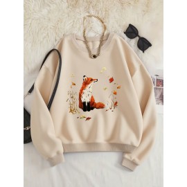 Women'S Cozy Crew Neck Sweatshirt with Vibrant Fox & Floral Print - Casual Long Sleeve Pullover for Fall & Winter, Soft Polyester Blend, Machine Washable, Allseason Apparel | Vibrant Print Top | Polyester Blend, Fox Sweatshirt