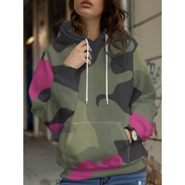 Women's Full-Body Pink & Green Camo Sweatshirt - Long Sleeve Hoodie with Drawstring Hood, Stretchy Polyester Pullover for Casual Streetwear, Everyday Outfits - Machine Washable Women's Clothing, Spring Autumn Apparel, Comfortable Fit