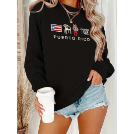 [Graphic Print Sweatshirt] Polyester Women's Puerto Rico Graphic Print Sweatshirt | Oversized Fit, Crew Neck Long Sleeve Pullover, Geometric Pattern with Applique Detail | Casual for Fall/Winter, Machine Washable