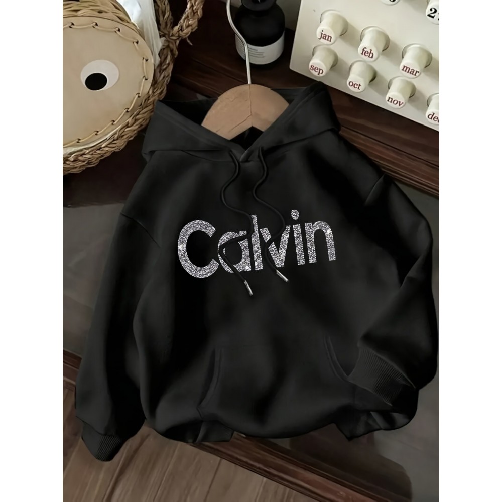 Women's CALVIN Letter Print Hooded Sweatshirt - Oversized Kangaroo Pocket & Drawstring Hood, Cozy Fall Winter Sweater with White CALVIN Logo, Casual Pullover (Machine Washable) for Casual Attire