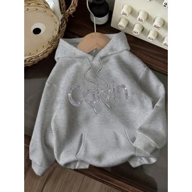 Women's CALVIN Letter Print Hooded Sweatshirt - Oversized Kangaroo Pocket & Drawstring Hood, Cozy Fall Winter Sweater with White CALVIN Logo, Casual Pullover (Machine Washable) for Casual Attire