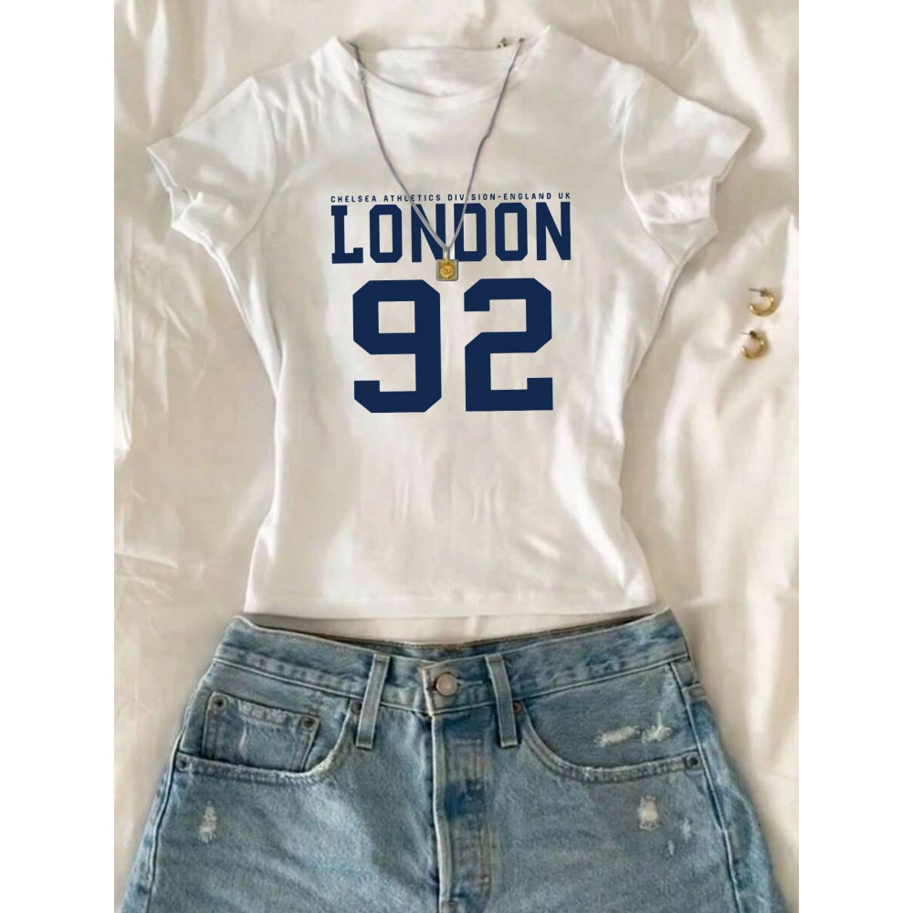 Women's White Crop T-Shirt - London '92 Numeric Graphic Tee - Stretchy Casual Summer Top - Vintage Streetwear Everyday Shirt - Non-See Through Crop Top for Women, Ladies T Shirts, Relaxed Fit Tee, Nontransparent Fabric